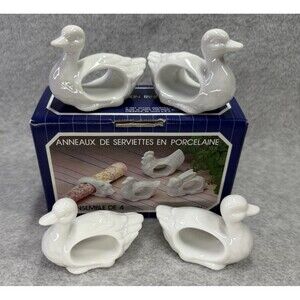 Set Of 4 Vtg Japan 1984 White Duck Porcelain Napkin Rings w/Original Box